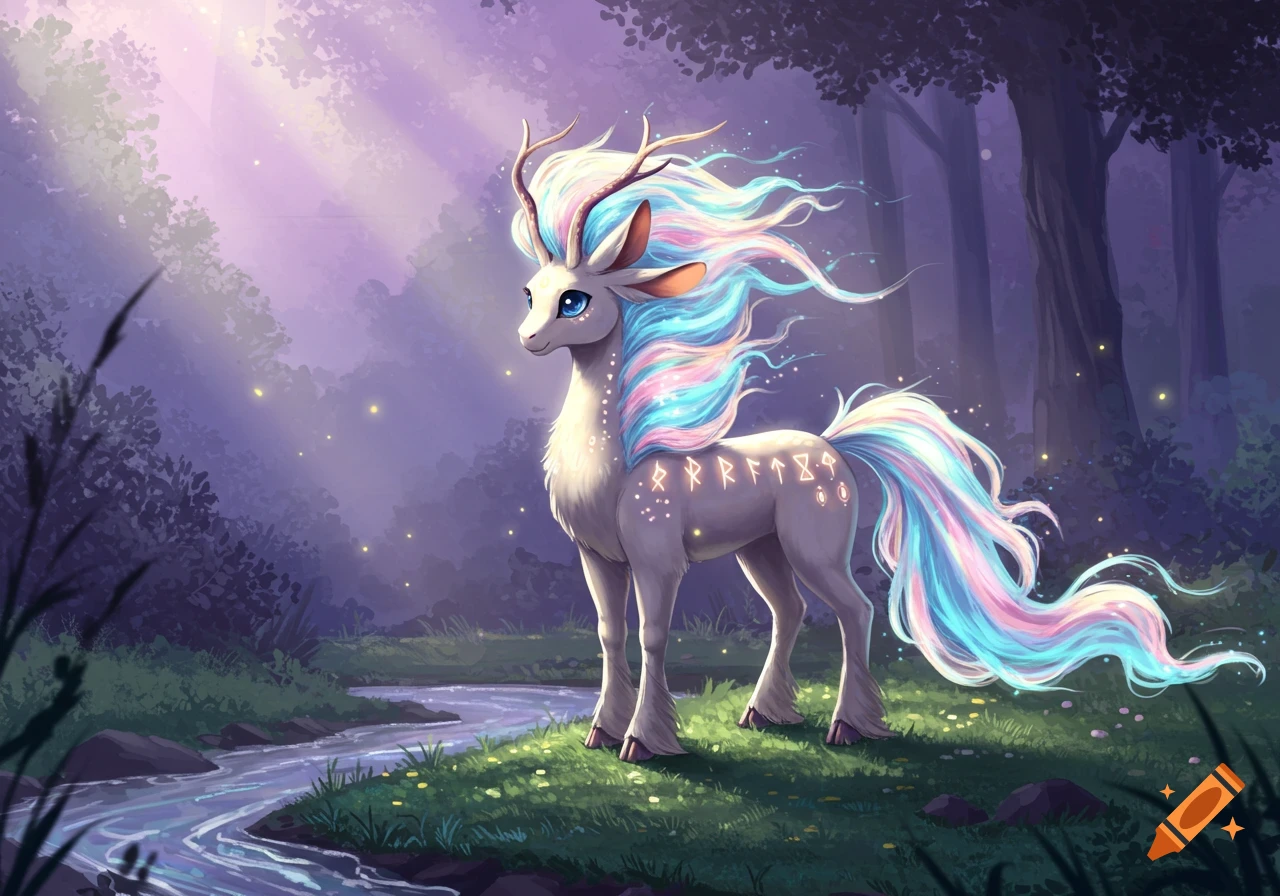 A white fantasy creature with glowing blue eyes, horns, and a long flowing mane of pink, blue, and white hair stands in a magical forest by a stream.