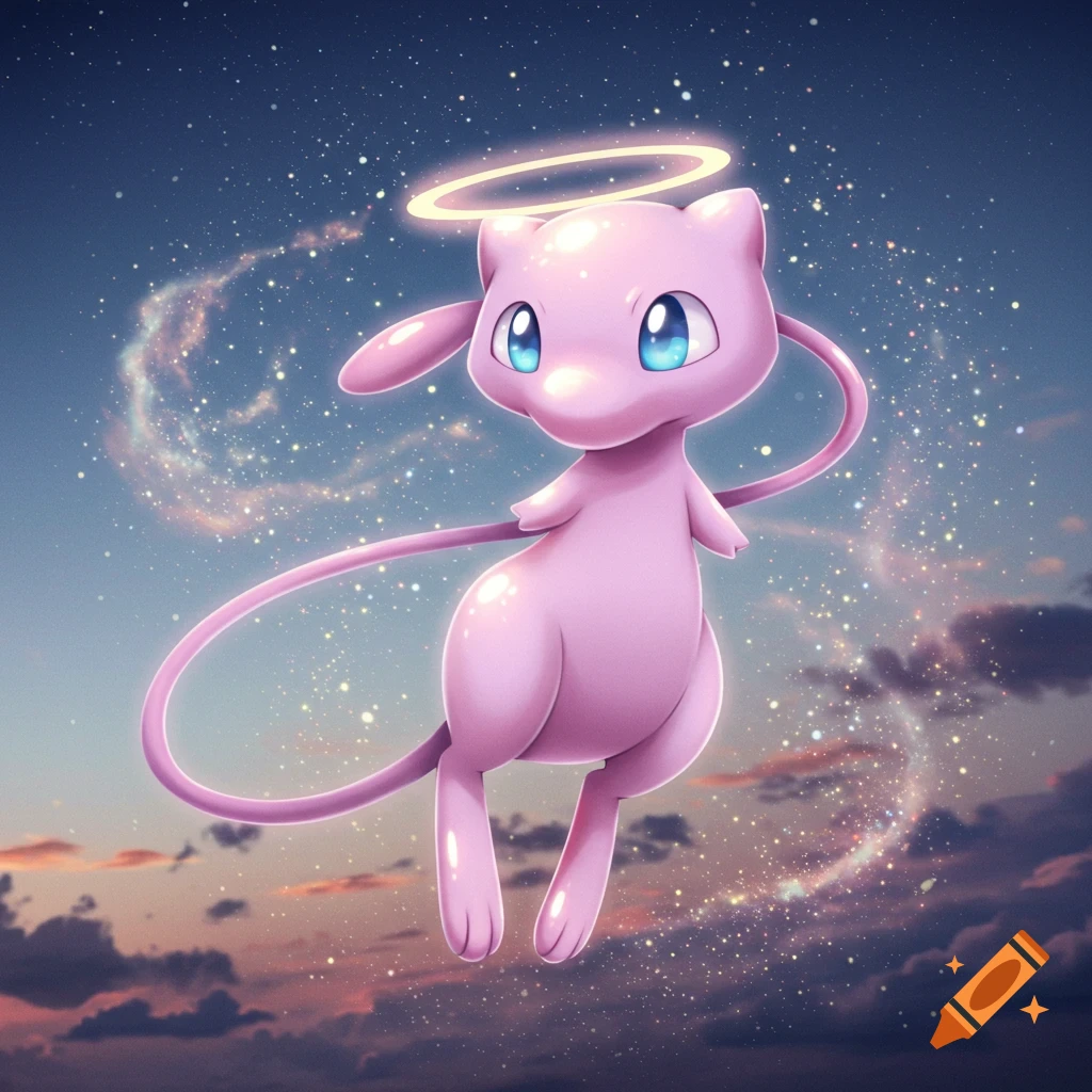 A pink Mew, a Pokémon, floats with a halo and sparkles against a starry twilight sky.