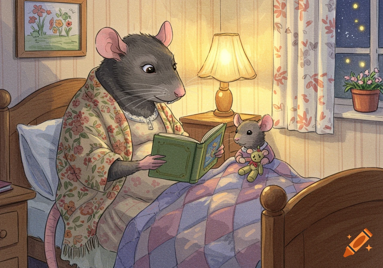 A mother rat, with a pregnant belly, reads a storybook to her child rat in bed by lamp light, in a colored pencil sketch style.