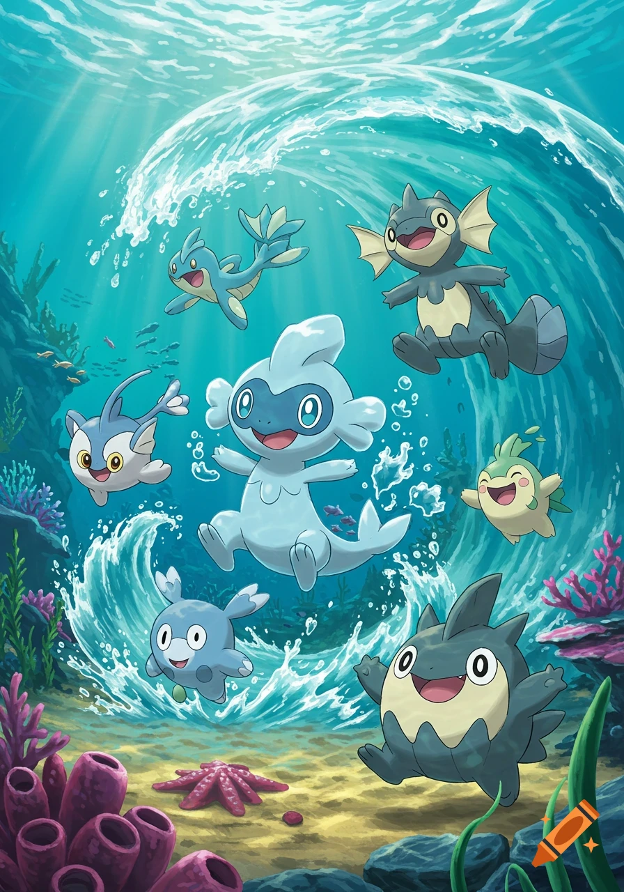 Several happy, cartoonish water creatures resembling Pokemon swim and play underwater among coral and a large wave.