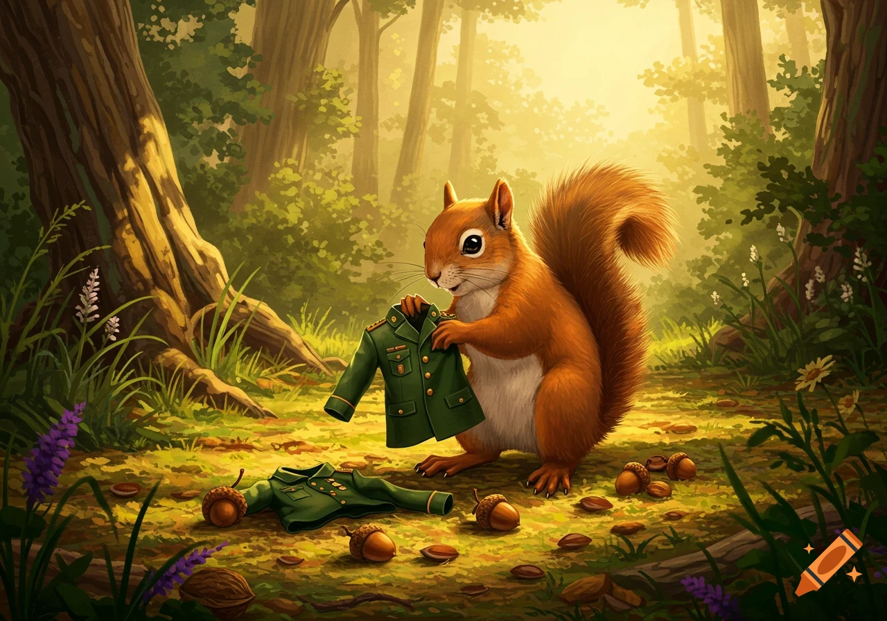 A cute squirrel holds a small green military uniform in a sunlit forest, with another uniform and acorns on the ground.