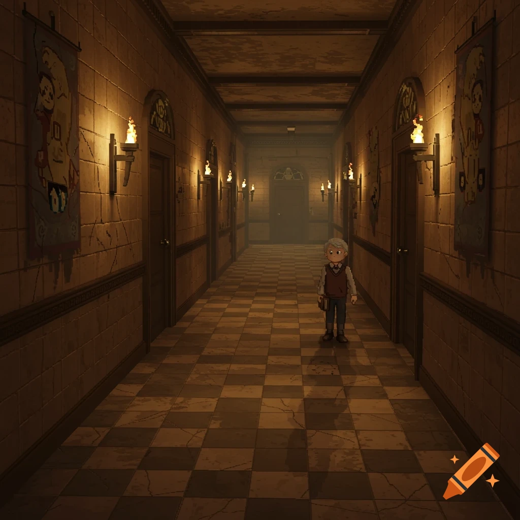 A pixel art depiction of an old boy standing in a dimly lit, long hallway with checkered floors and torch-lit walls.