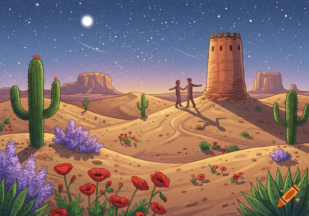A colorful, romantic desert landscape at night with two male silhouettes holding hands near a tower, under a starry sky. Styled like a children's book illustration.