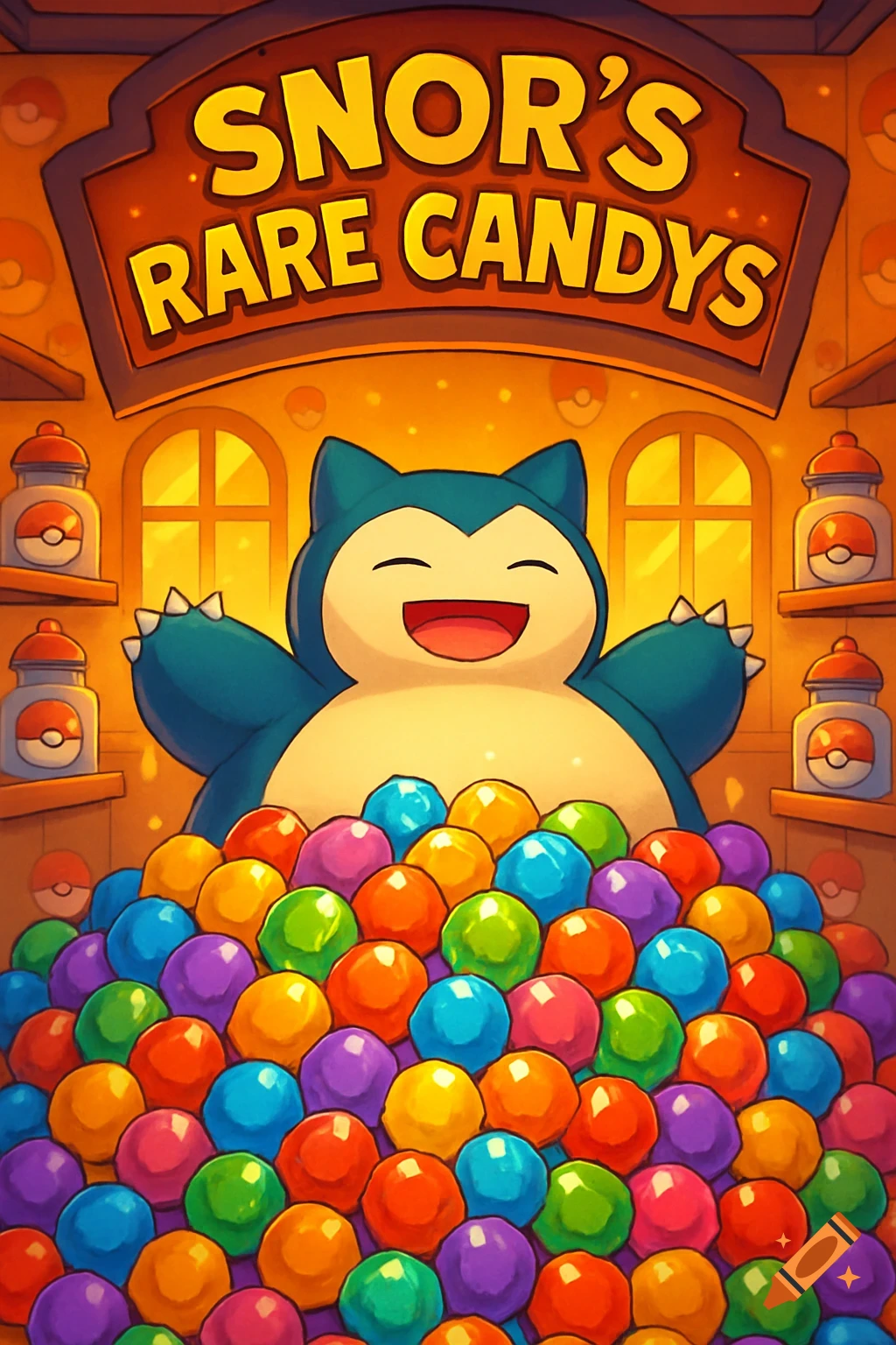 Cartoon Snorlax behind a pile of colorful candies in a shop with a sign reading 'Snor's Rare Candys'.