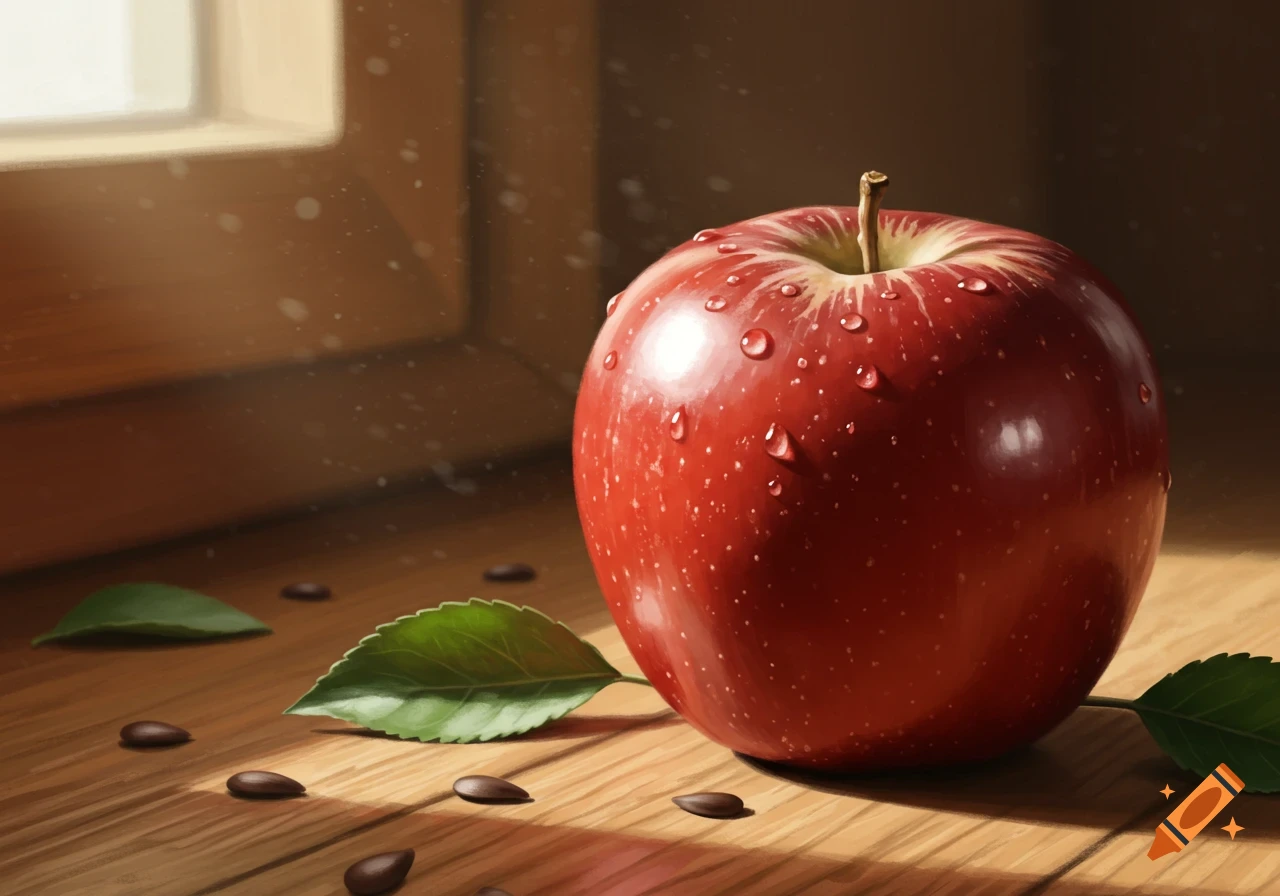 A red apple covered in water droplets sits on a wooden surface with green leaves and seeds scattered around it, under window light.