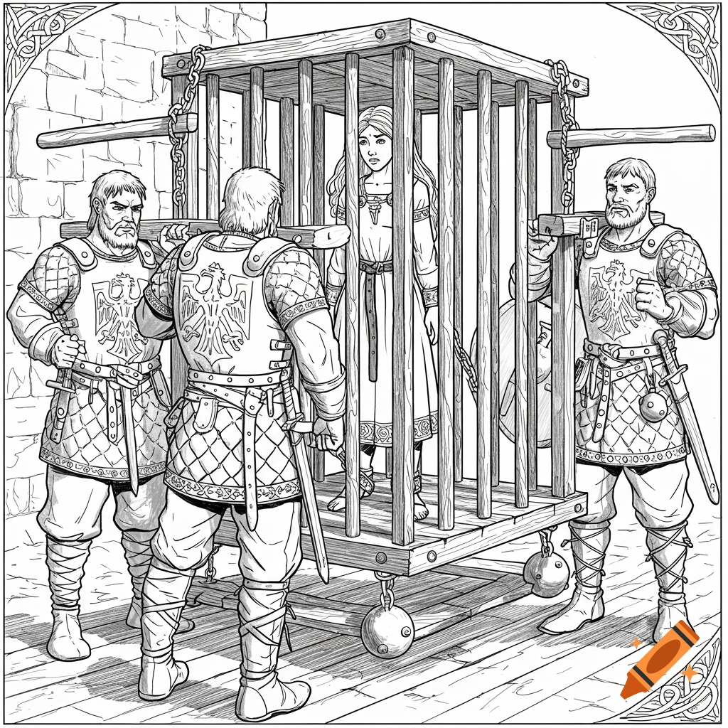 A black and white line art drawing depicts a young woman in a cage being carried by four armored men.