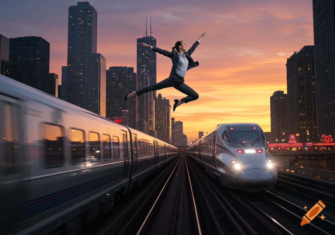 A business woman in a suit leaps mid-air above train tracks between two moving trains, with a city skyline and sunset in the background.