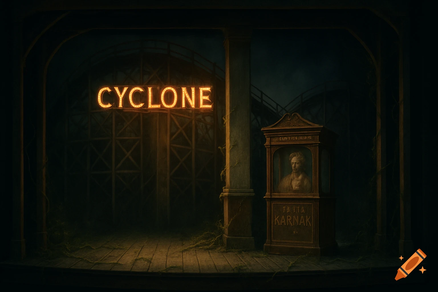 A dark, eerie stage set featuring a glowing neon 'CYCLONE' sign on a rollercoaster structure, and an old fortune teller stand on an overgrown wooden floor.