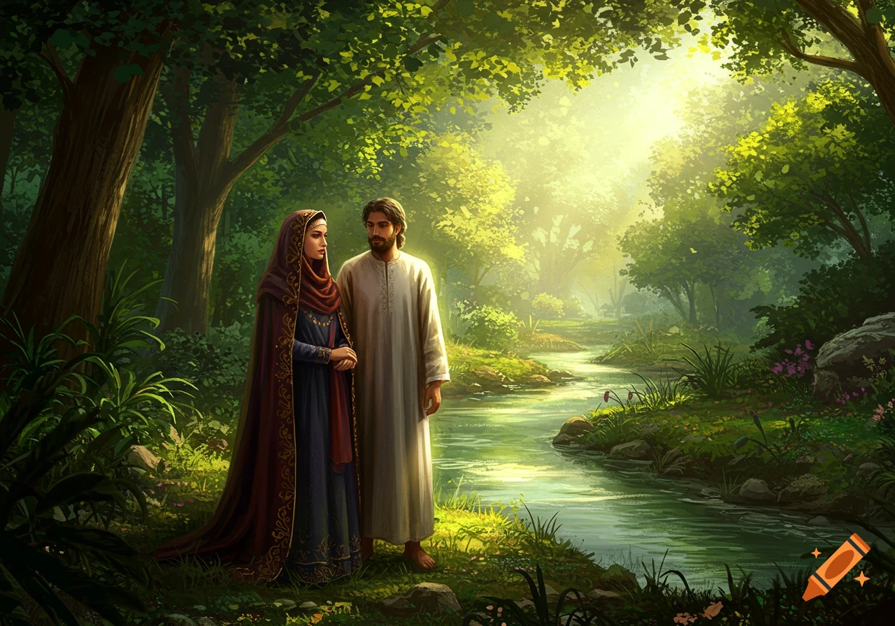 Adam and Eve in traditional attire stand by a stream in a lush, sunlit forest, in a highly detailed, realistic style.