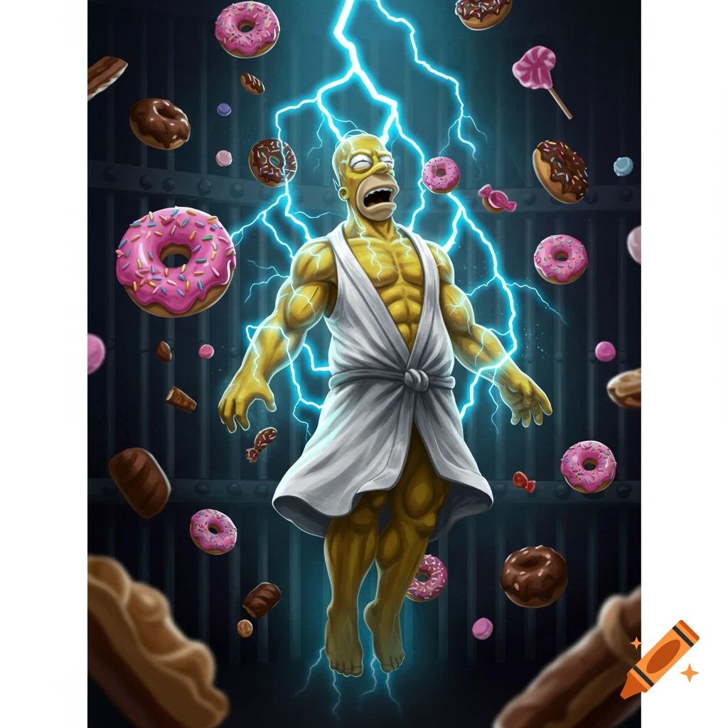 Muscular Homer Simpson in a white robe, floating with blue lightning, surrounded by donuts and sweets in a jail cell.