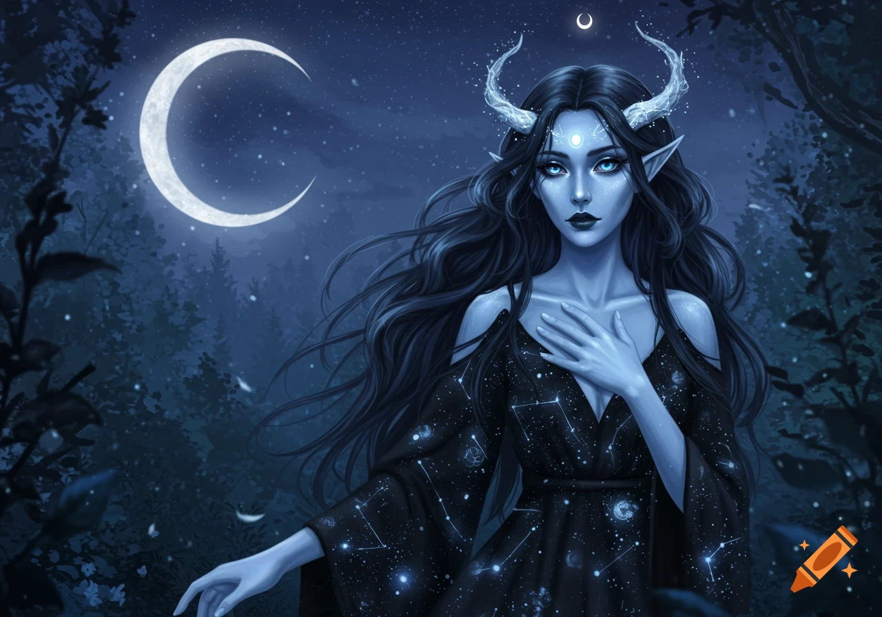 A blue-skinned moon elf with horns and sapphire eyes wears a starry black gown in a mystical night forest under a crescent moon.