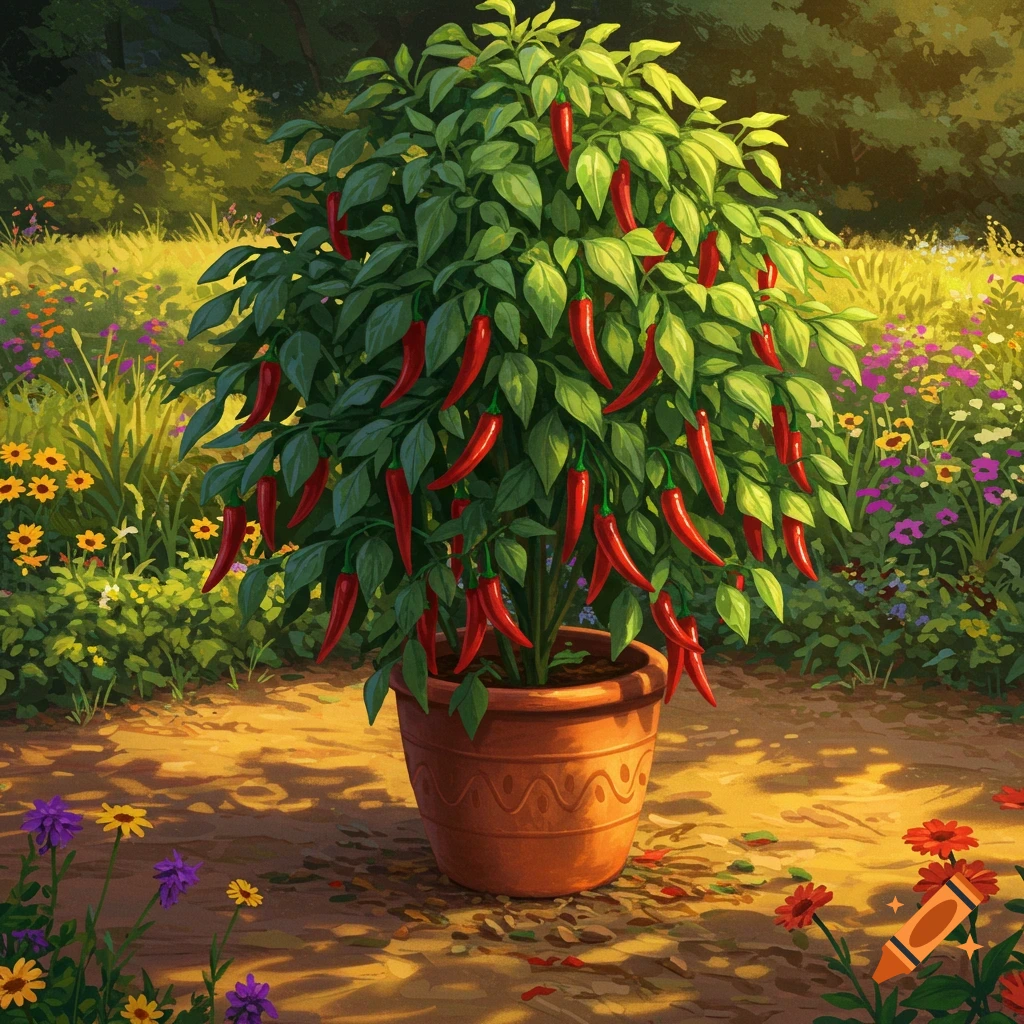 A vibrant green chili plant in a terracotta pot, laden with red peppers, stands on a sunlit dirt path surrounded by colorful wildflowers.