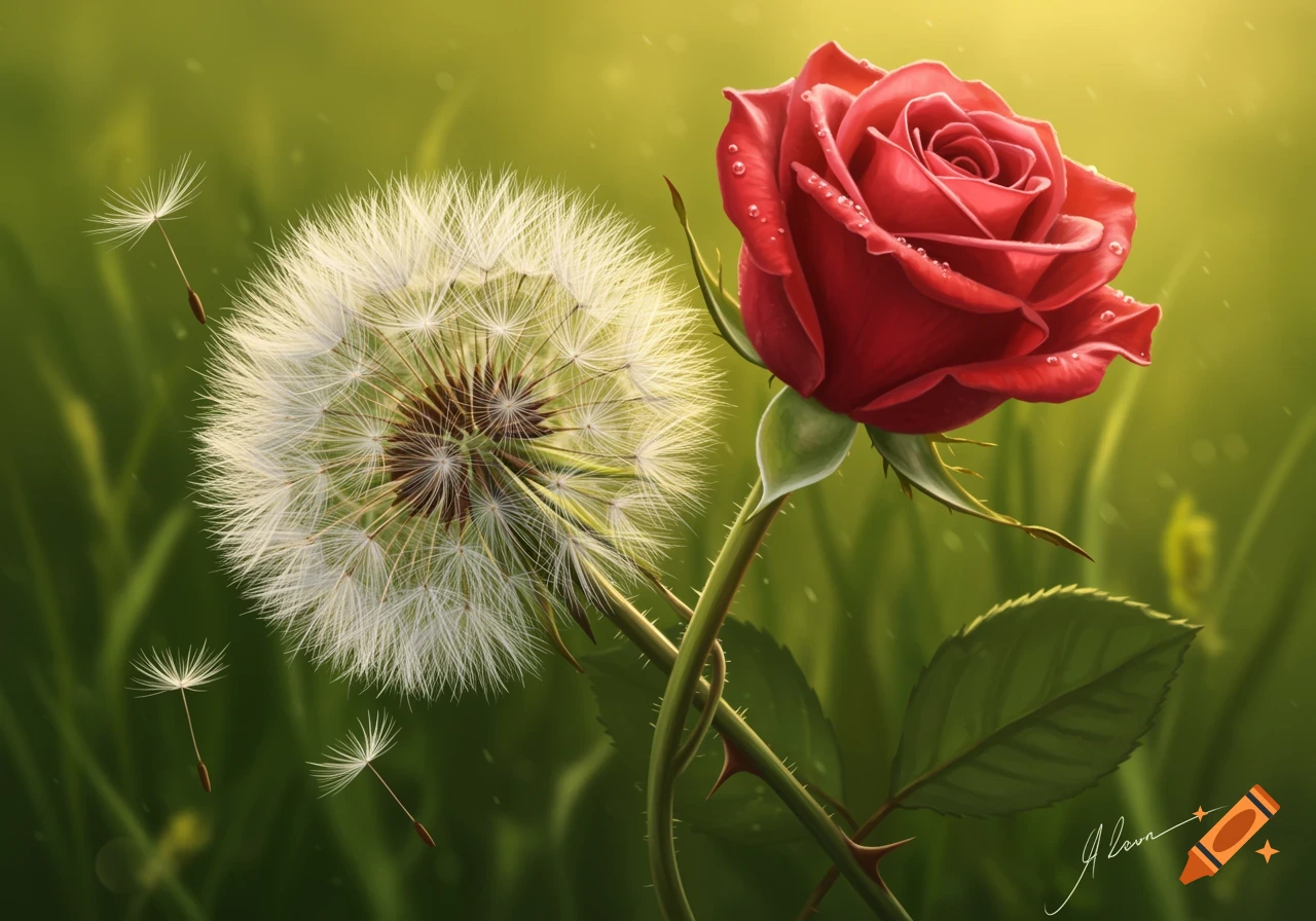 A red rose with dewdrops and a white dandelion with floating seeds have their stems intertwined against a soft green, sunlit background.
