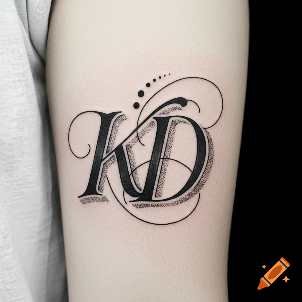 A black ink tattoo of the initials 'KD' in a decorative, swirly script with dot shading on a person's arm.