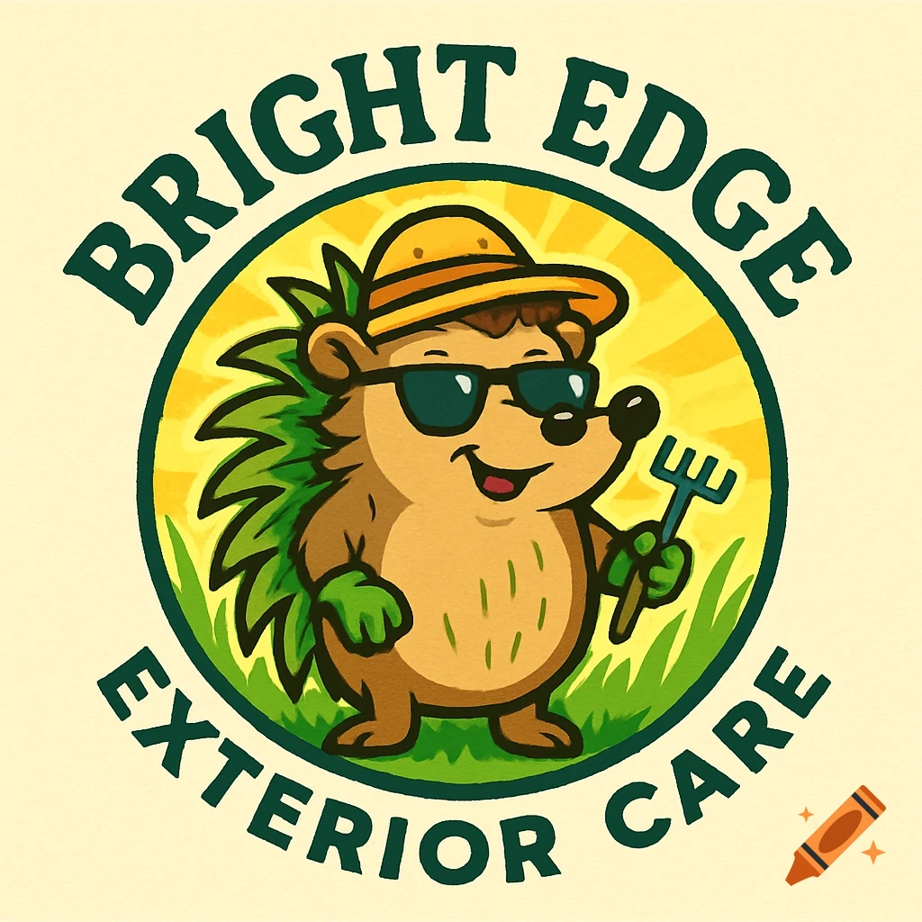 A cartoon logo featuring a hedgehog wearing sunglasses and a hat, holding a rake, with text 'BRIGHT EDGE EXTERIOR CARE' around a circular design.