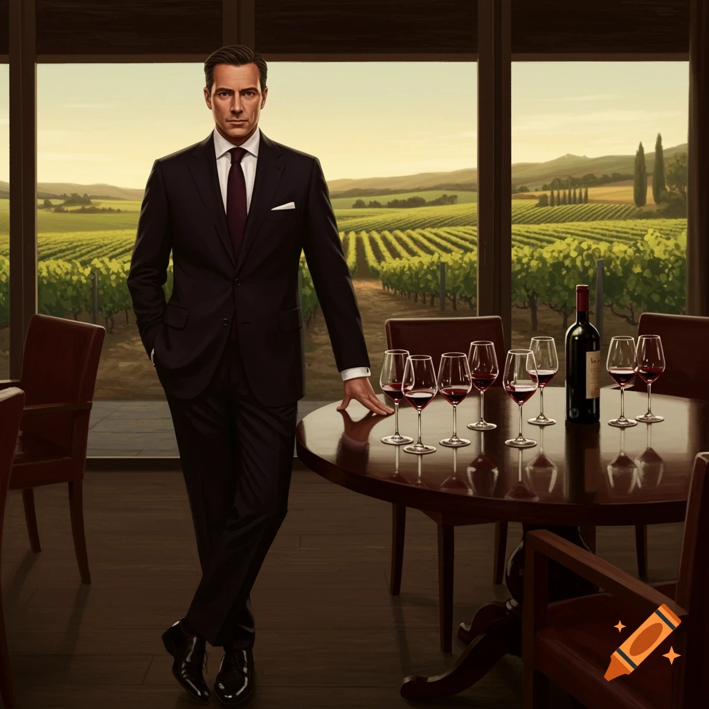 A man in a dark suit stands beside a table with wine glasses and a bottle, overlooking a sunny vineyard.