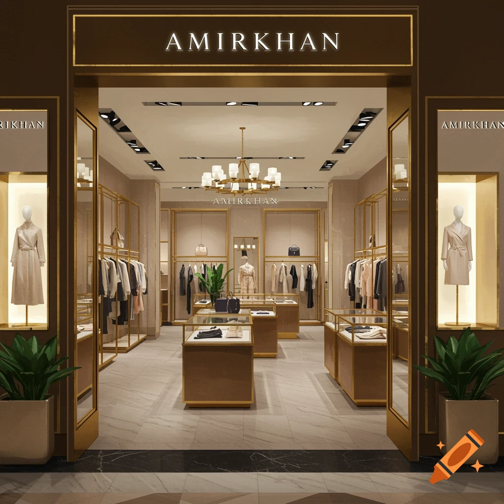 An elegant, luxurious clothing boutique with golden fixtures, mannequins, and neatly displayed apparel under a sign that reads AMIRKHAN.