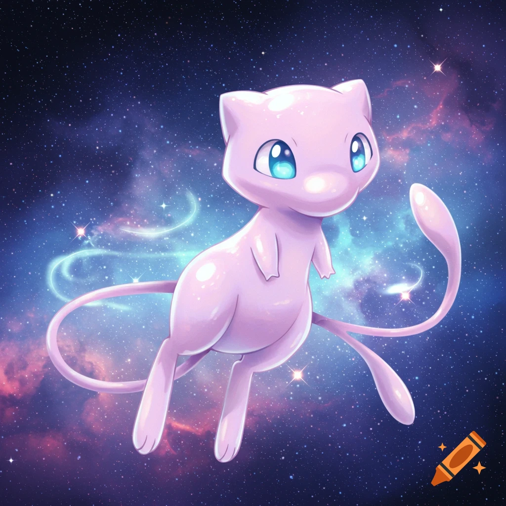 A pink, cat-like creature with large blue eyes, Mew, floats in a colorful starry cosmos with glowing swirls.