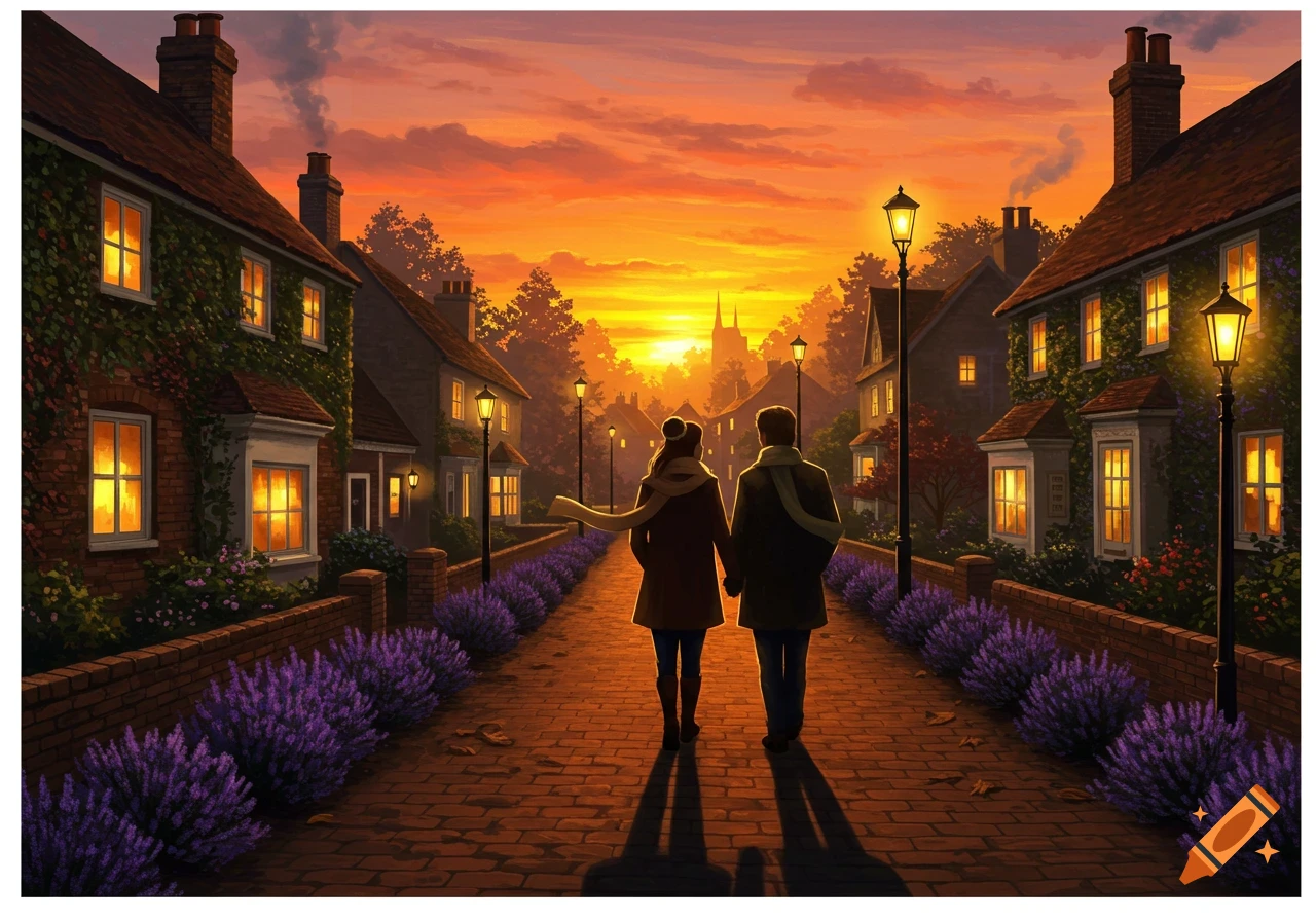 A digital illustration of a couple walking down a charming village street lined with lavender at sunset.