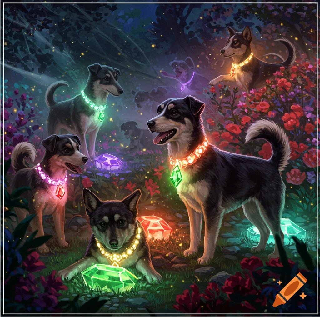 Artistic depiction of cute dogs with glowing gem collars and large gems in a magical, dark forest with flowers.