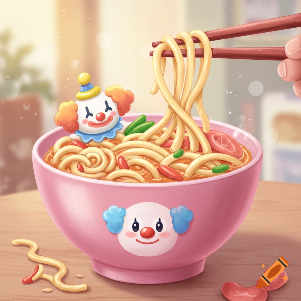 A cute cartoon clown in a pink bowl filled with noodles, while chopsticks lift a portion of noodles.
