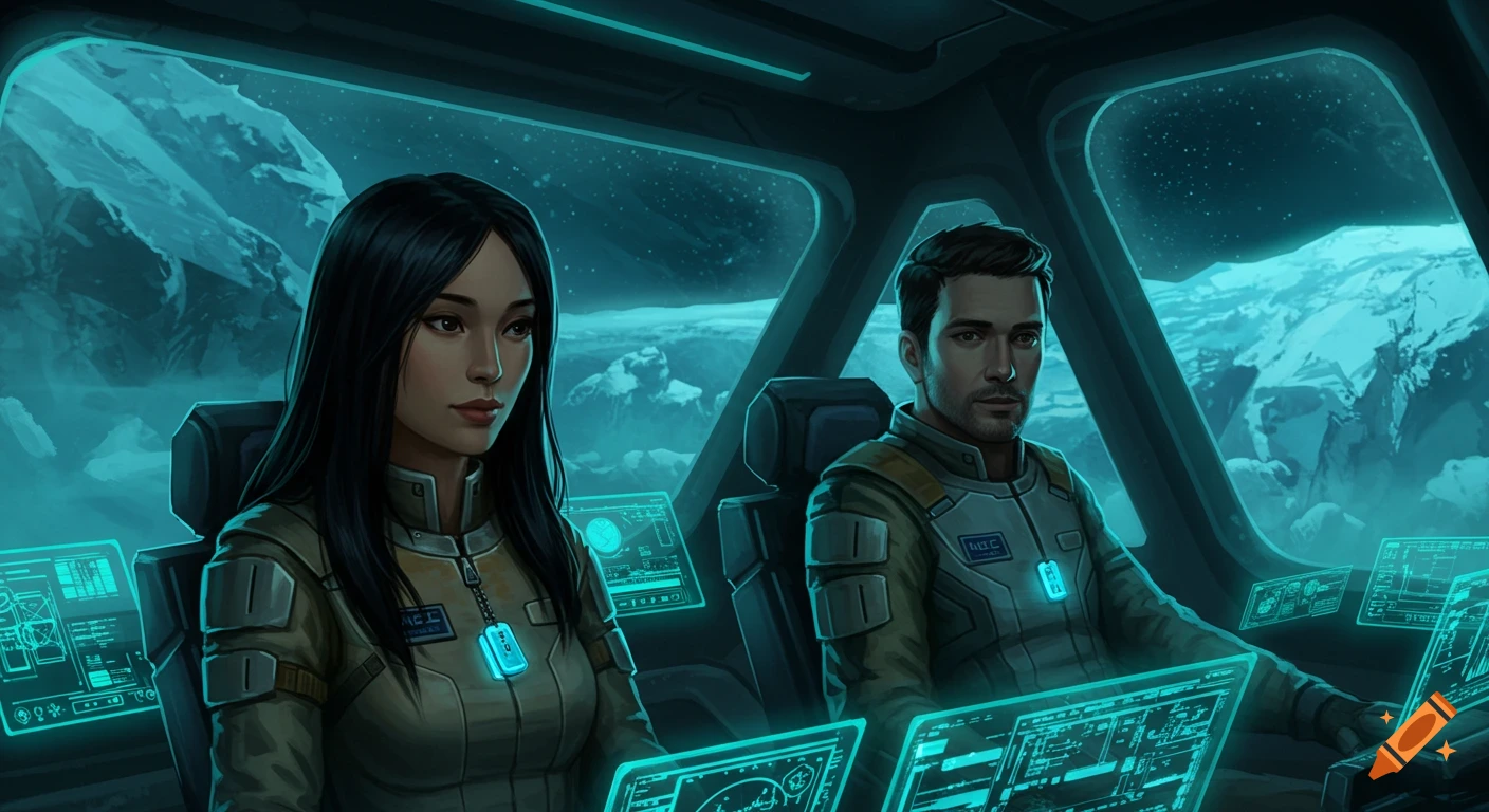 Two astronauts in a spaceship cockpit look out at a frozen, mountainous exoplanet under a starry, bluish sky. The cockpit features glowing teal UI screens.