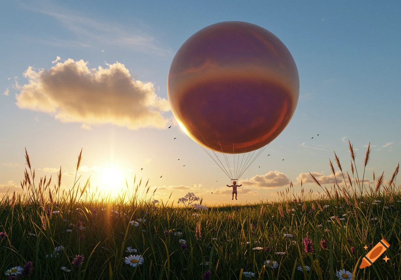 A person hangs from a massive, metallic spherical balloon floating over a vibrant green and purple wildflower field at sunset.