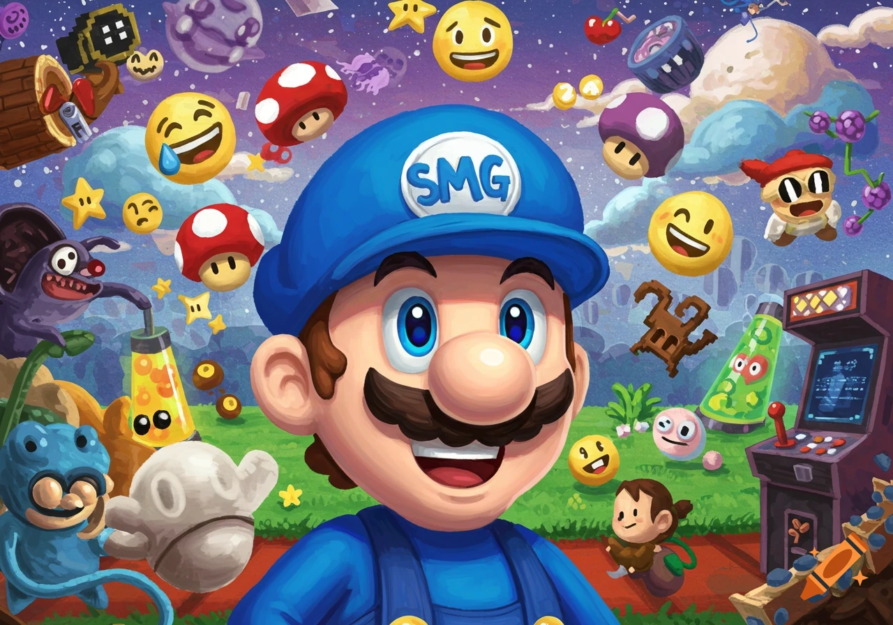 A vibrant, cartoon-style image of a blue-hatted character resembling Mario, with "SMG" on his hat, surrounded by colorful emojis, stars, and game-like elements.