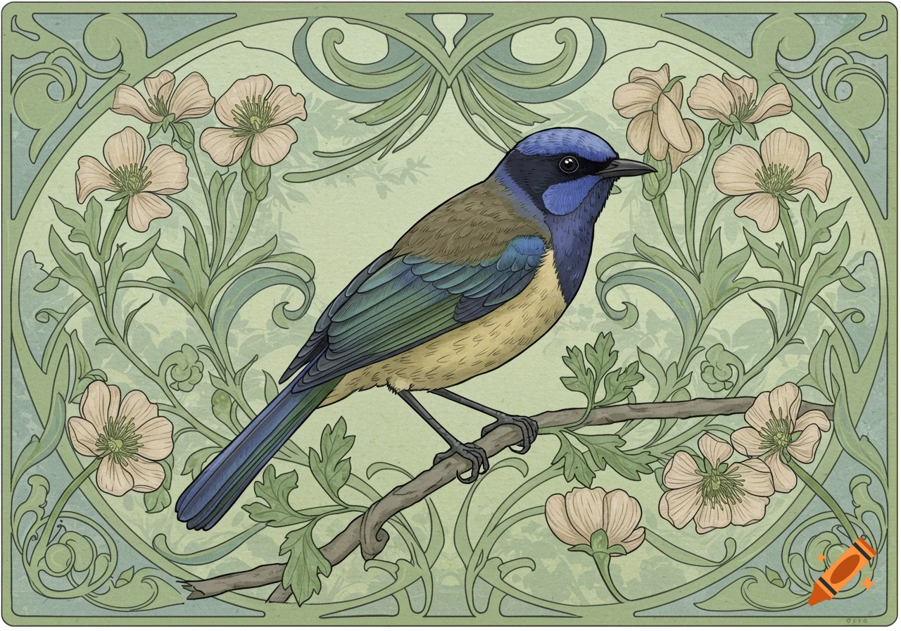 A blue-faced honeyeater perched on a branch, surrounded by stylized flowers and foliage, in an Art Nouveau illustration.