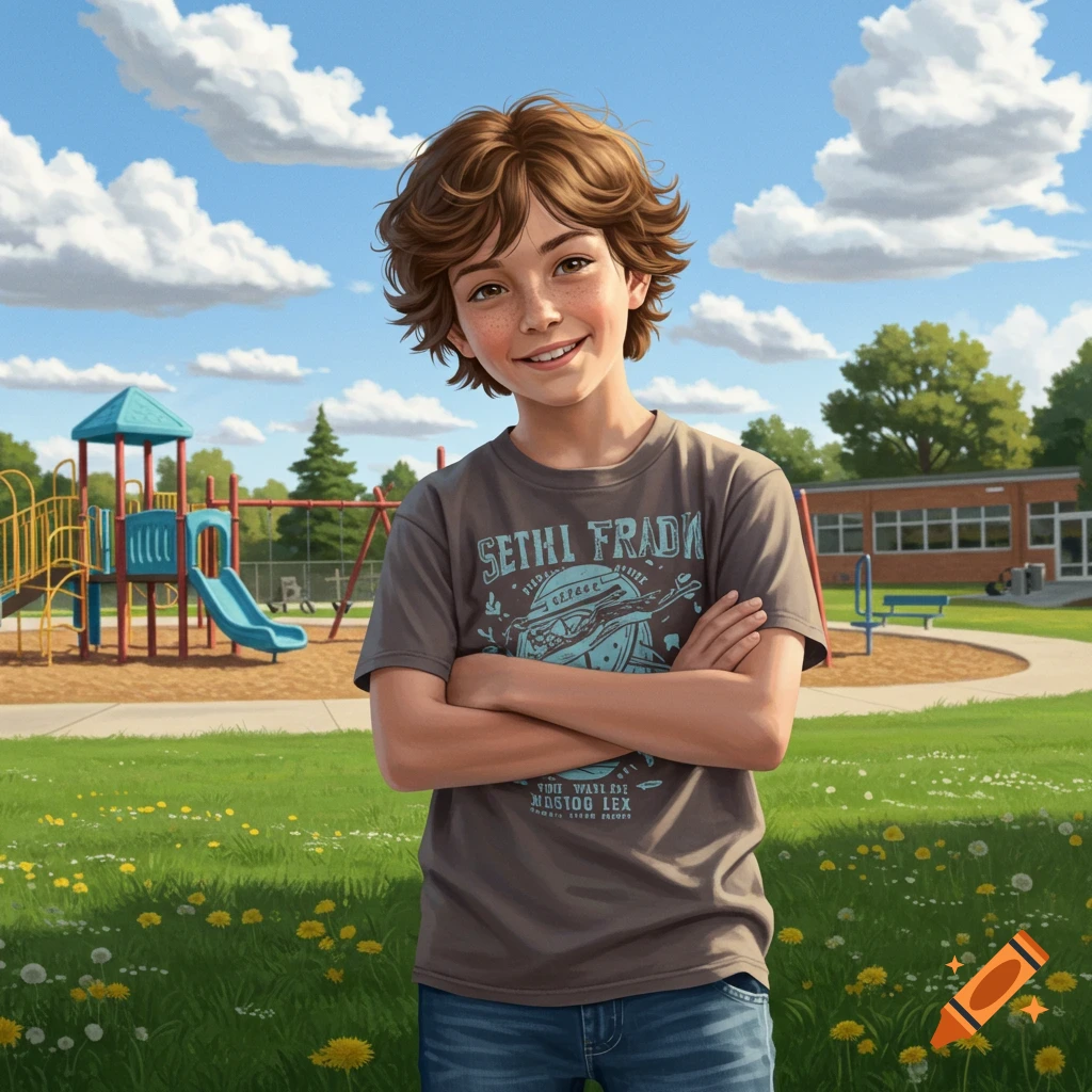 A smiling young boy with curly brown hair stands with crossed arms in a sunny playground in front of a school building.