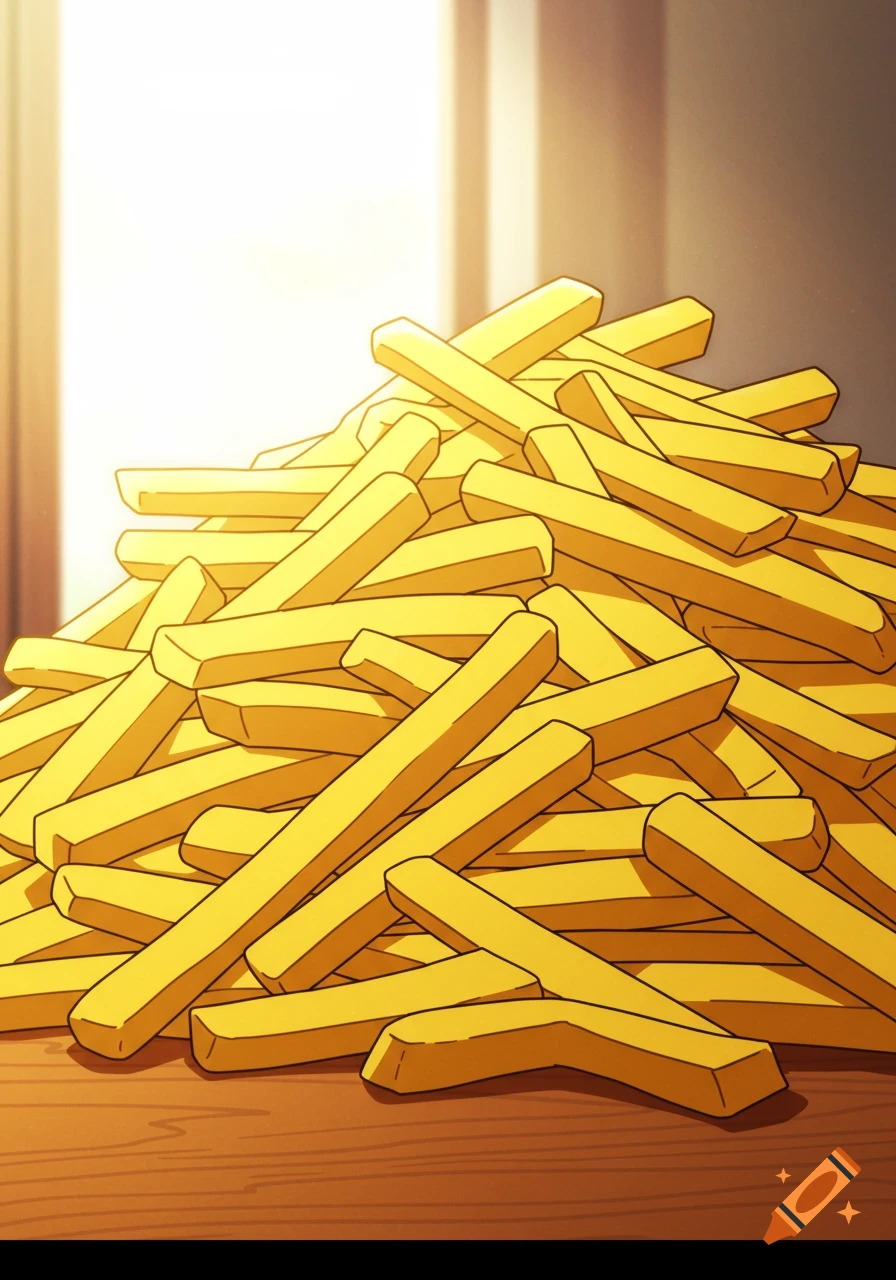 A large pile of golden french fries on a wooden table, rendered in an anime style.