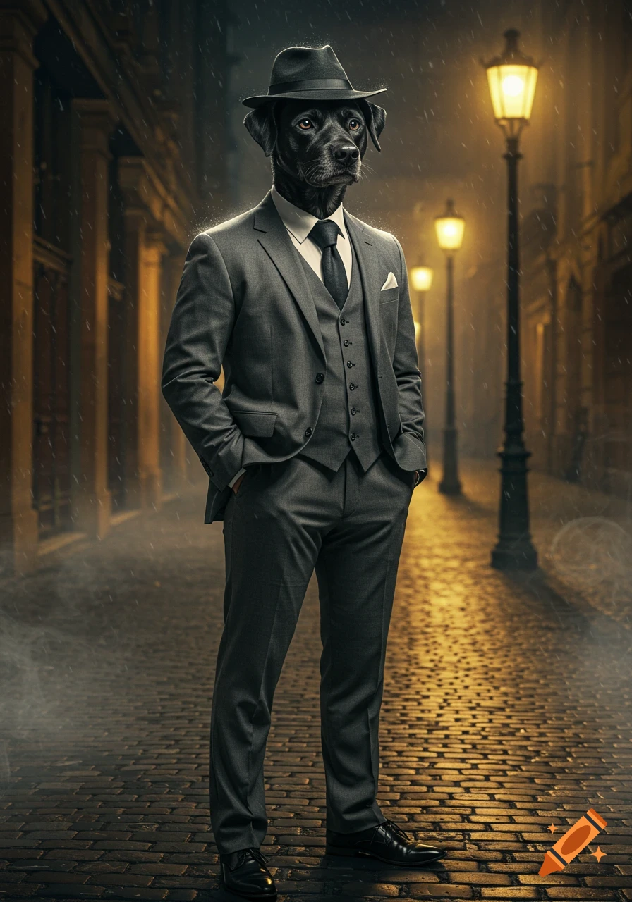 A black dog wearing a gray suit and fedora stands on a wet cobblestone street at night with glowing streetlights.