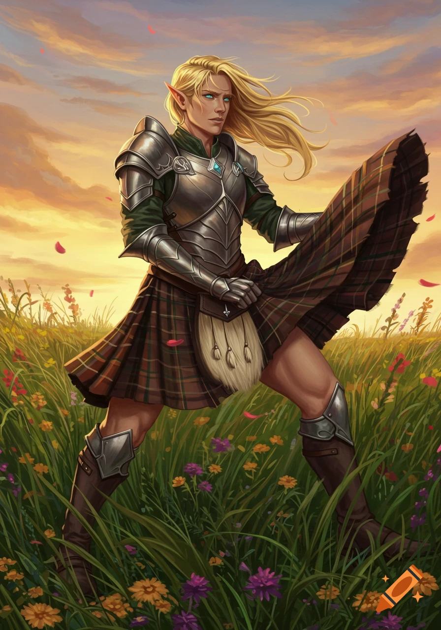 Fantasy illustration of a blonde male elf in armor and a kilt standing in a field, his kilt blowing up in the wind.