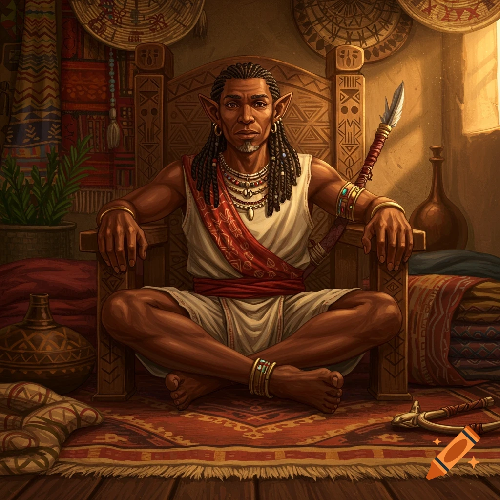 An older halfling man with braided hair and dark skin sits cross-legged on an ornate wooden throne, surrounded by textiles and cultural decor.