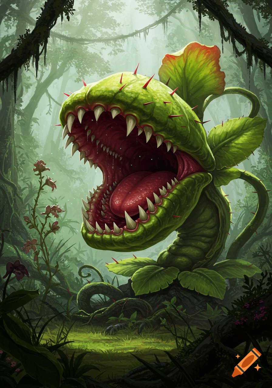 A vibrant illustration of a giant, monstrous venus flytrap with its toothy mouth wide open in a misty jungle.