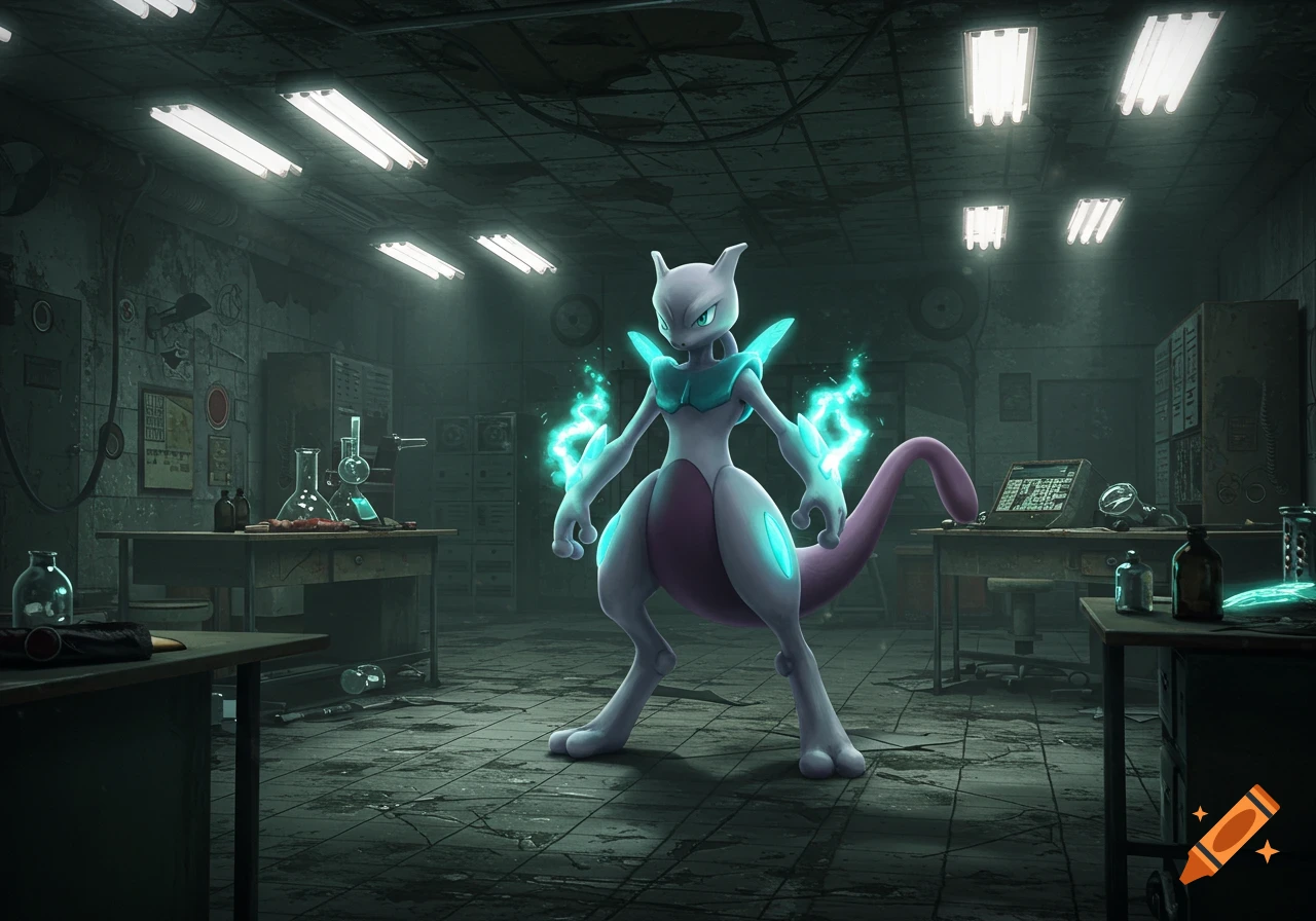 Mega Mewtwo X stands in the center of a dark, abandoned laboratory, surrounded by scientific equipment and glowing with teal energy.