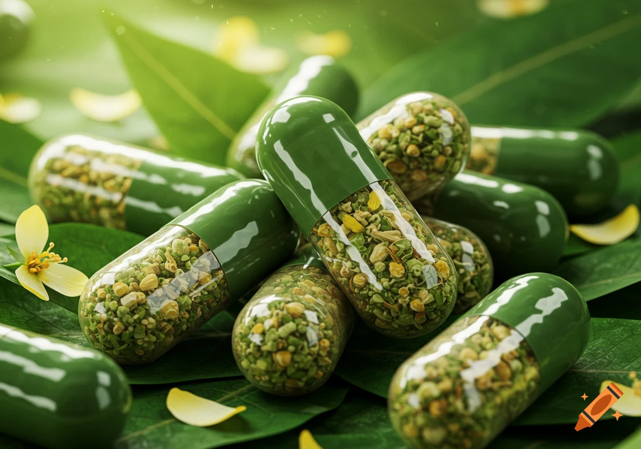 Close-up of green and clear capsules filled with green and yellow herbs, lying on vibrant green leaves with scattered yellow flower petals.