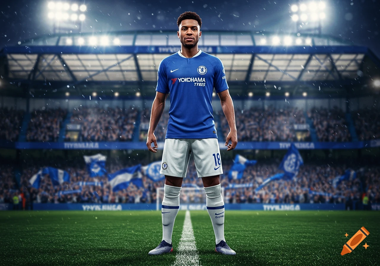 A photorealistic image of a male soccer player in a blue Chelsea FC kit, standing on a green field in a stadium with cheering fans under bright lights.