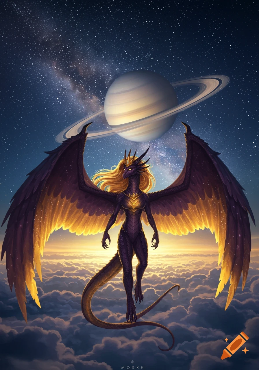 A majestic winged dragon queen with blonde hair stands on clouds beneath Saturn and the Milky Way.