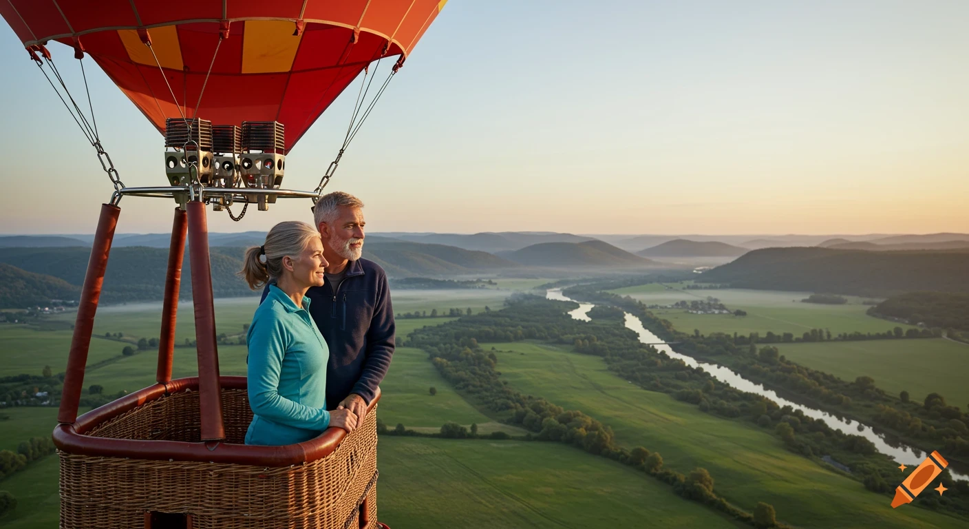An elderly couple in a hot air balloon gazes over a scenic valley with a winding river at sunrise, photorealistic.