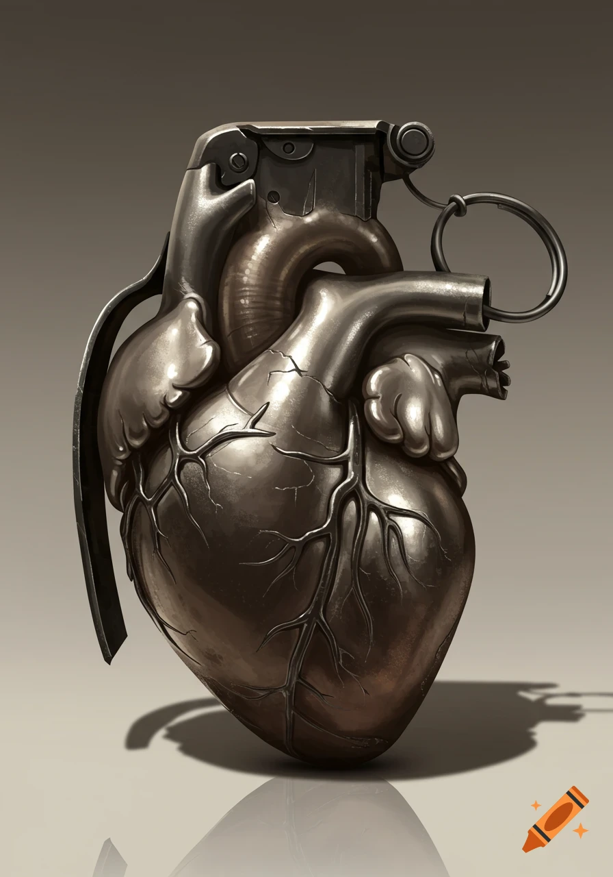 A detailed metallic human heart shaped like a hand grenade, standing upright on a reflective surface with a neutral background.