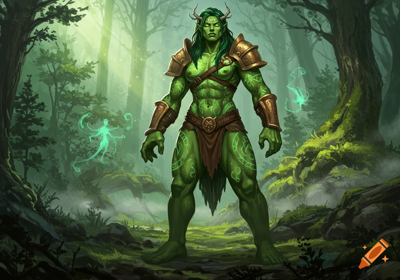 A muscular, green-skinned female warrior with horns and glowing runes stands in a misty, sunlit fantasy forest.