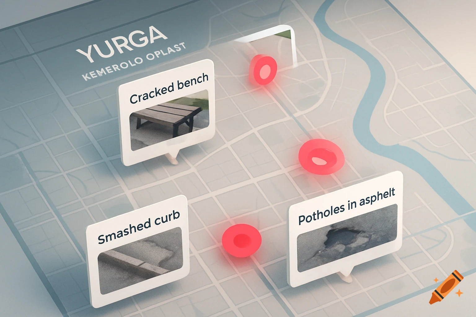 A 3D isometric map of Yurga, Kemerovo Oblast, displaying markers for urban infrastructure problems like a cracked bench, smashed curb, and potholes.