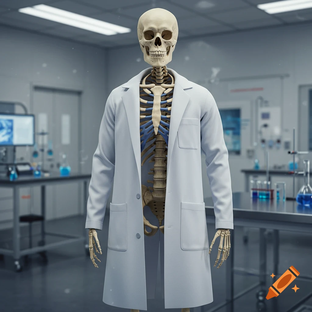 A realistic skeleton model wearing a white lab coat stands in a brightly lit science laboratory.