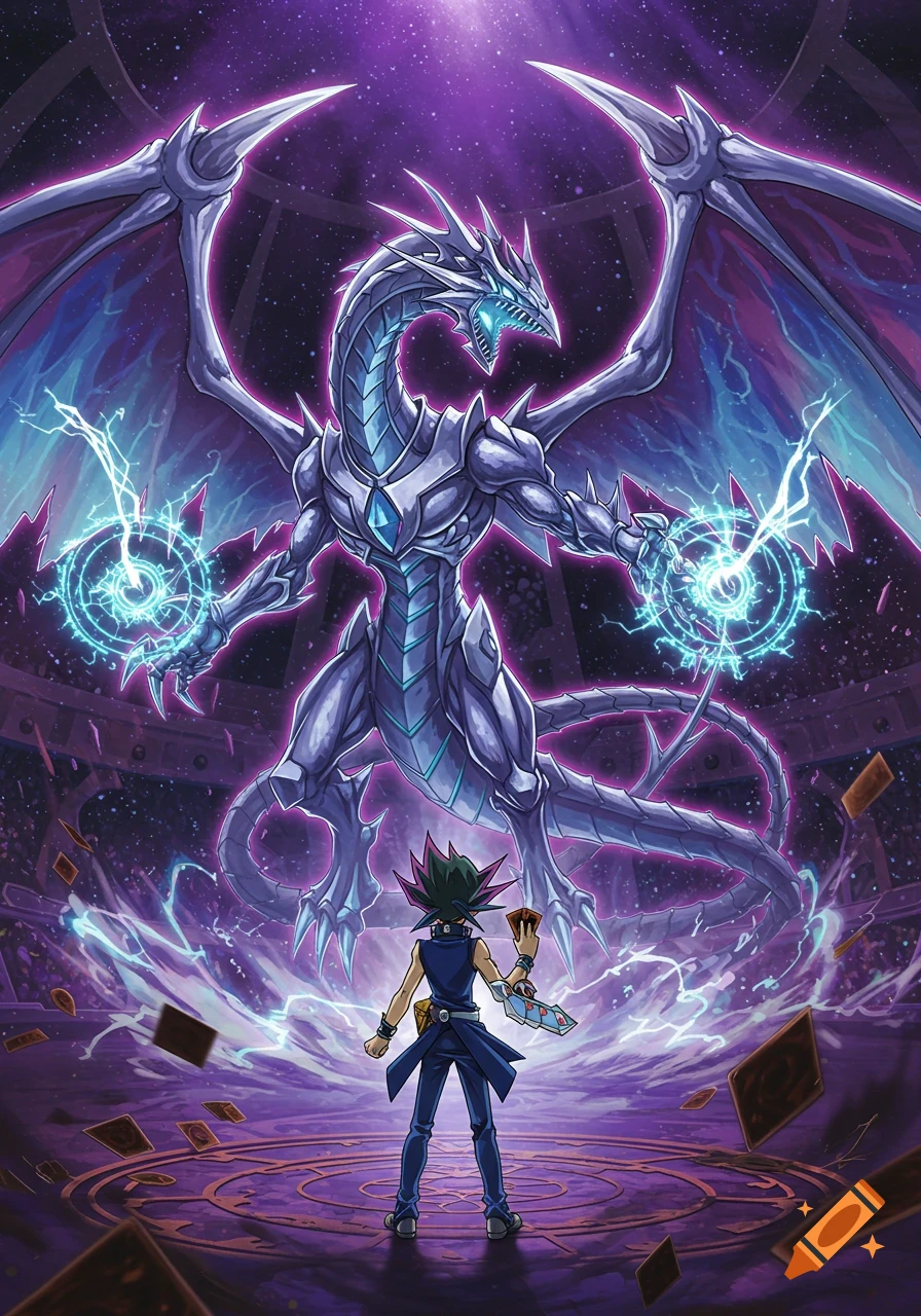 A white-blue dragon with glowing eyes and energy orbs faces a young man holding a card in a large arena, under a purple cosmic sky.