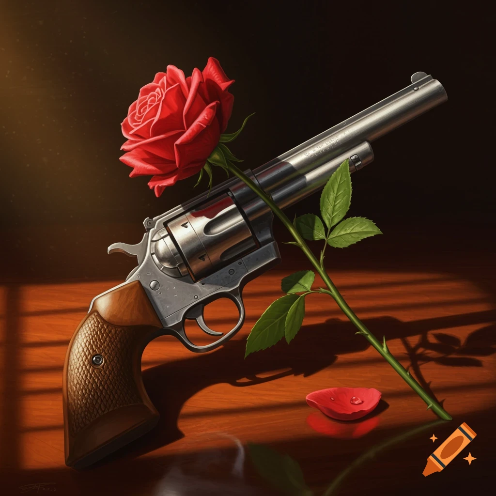 A photorealistic painting of a silver revolver with a red rose draped over it, resting on a wooden table with dramatic lighting.