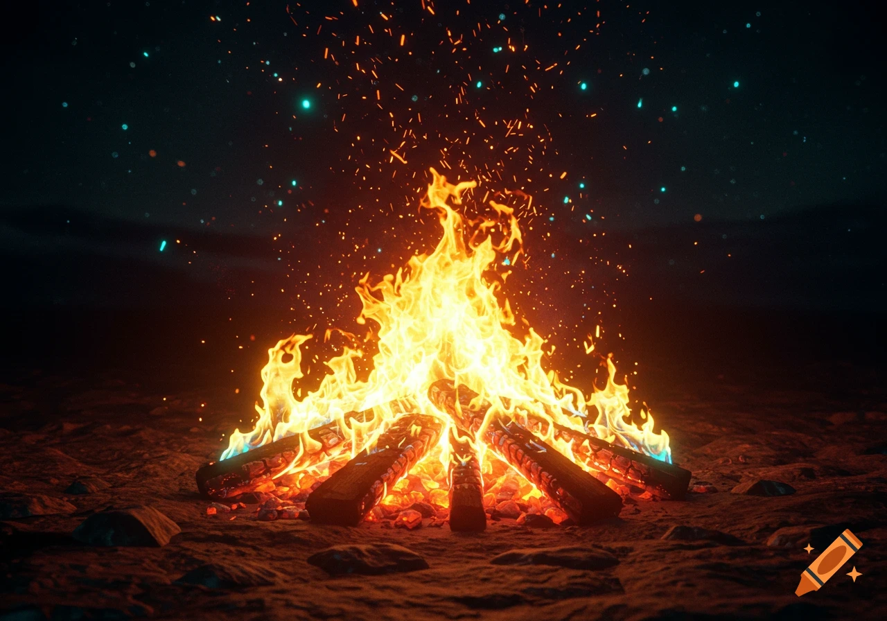 A detailed digital art image of a roaring campfire with bright flames and orange sparks flying against a dark night sky.