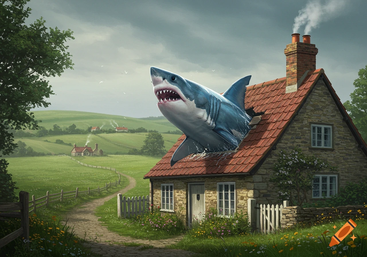 A great white shark dramatically bursts through the roof of a stone cottage in a green English countryside.