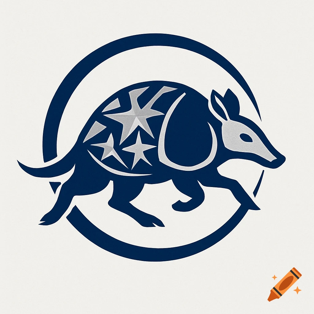 Stylized logo of a dark blue armadillo with silver stars on its shell, inside a dark blue circle.