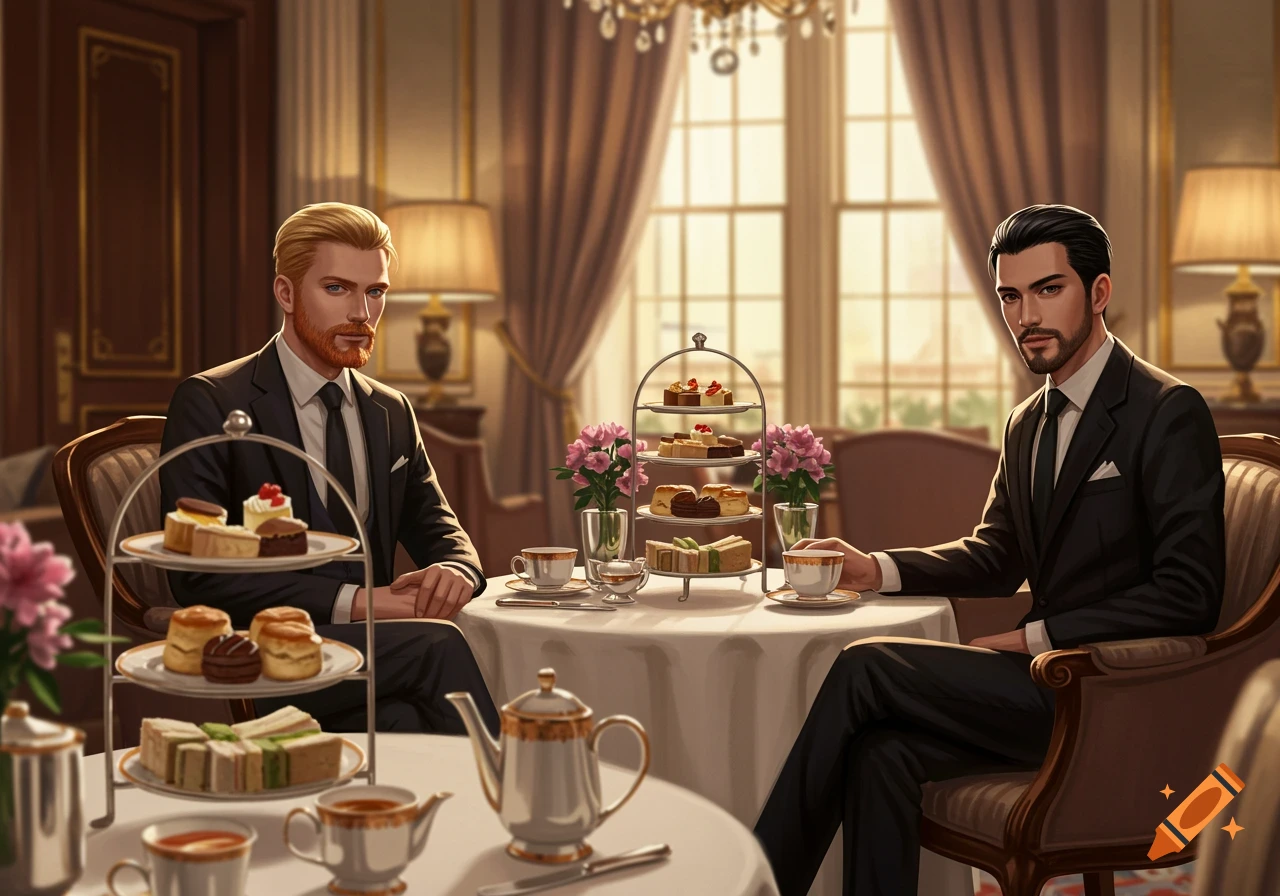 Two men in suits enjoy an elegant afternoon tea with a tiered dessert stand in a luxurious hotel lounge.